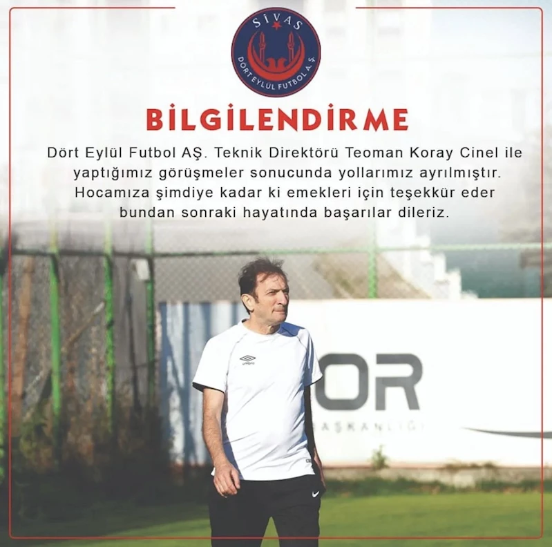 Sivas Dört Eylül Futbol’da, Teknik Direktör Teoman Koray Cinel ile yollar ayrıldı
