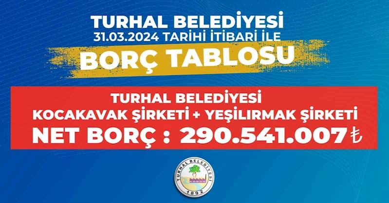 Turhal Belediyesi şeffaflık vurgusuyla borç çizelgelerini paylaştı
