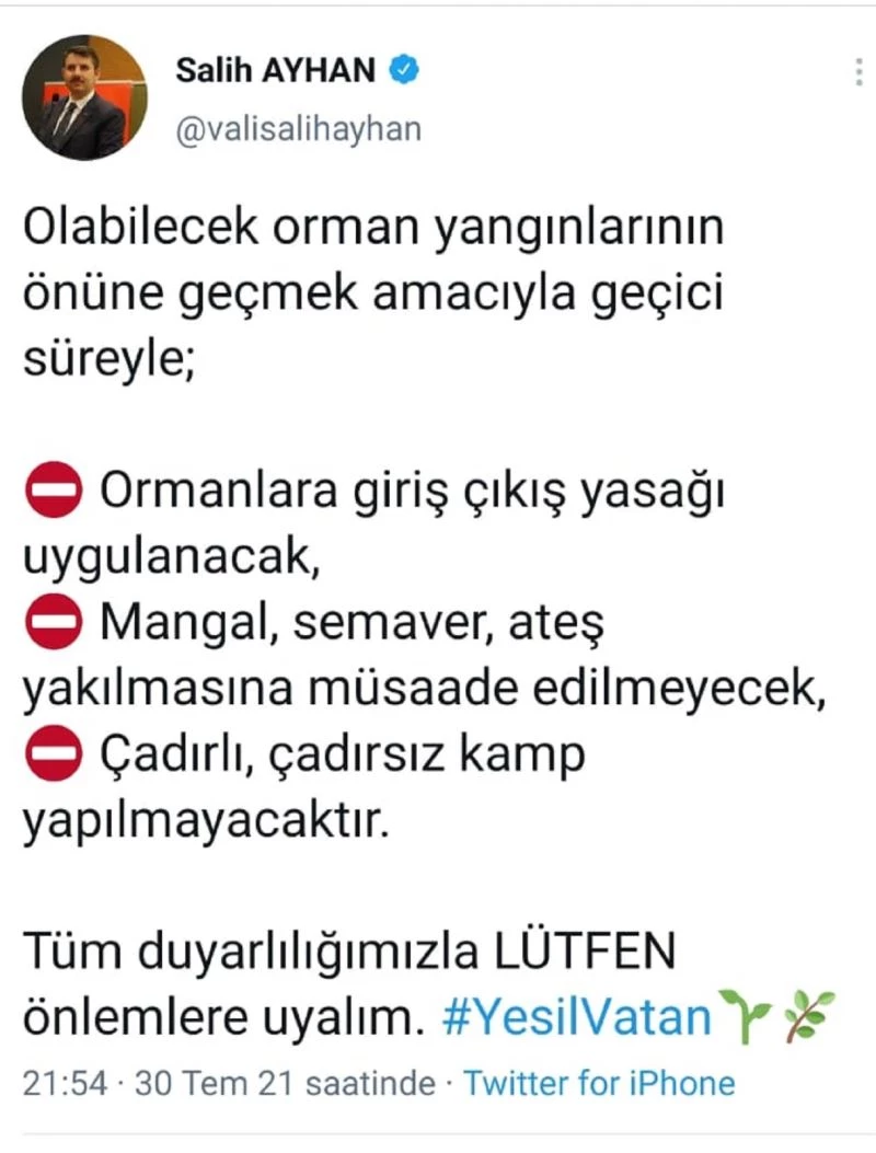 Sivas’ta ormanlık alanlara girişlere kısıtlama getirildi