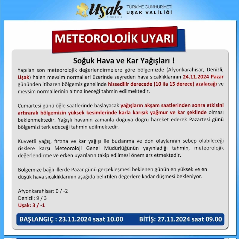 Uşak Valiliğinden soğuk hava ve kar yağışı uyarısı
