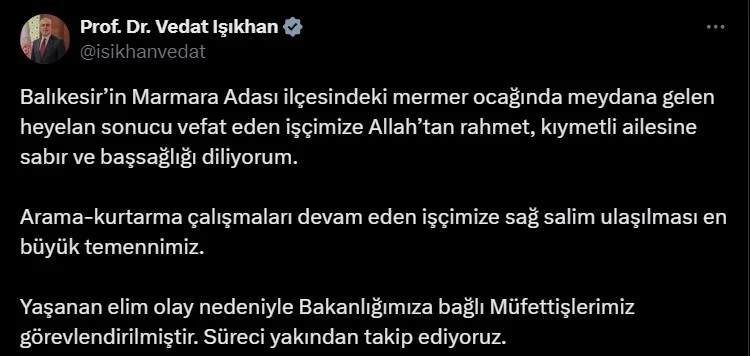 Bakan Işıkhan’dan vefat eden işçiye rahmet mesajı
