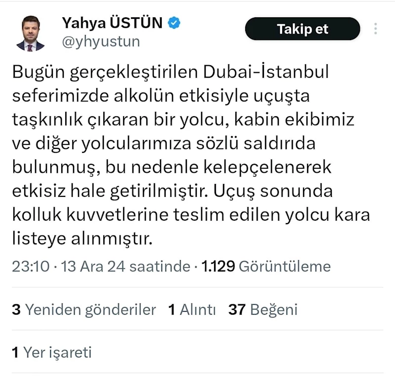 Alkollü yolcu, uçakta olay çıkardı
