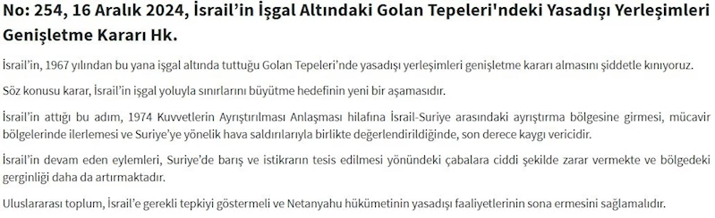 Dışişleri Bakanlığı: “İsrail’in Golan Tepeleri’nde yasa dışı yerleşimleri genişletme kararı almasını şiddetle kınıyoruz”
