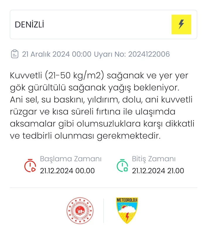 Meteoroloji Denizli içi sarı uyarı verdi
