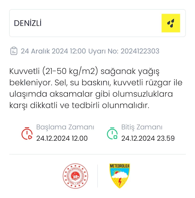 Denizli’ye kuvvetli yağış uyarısı
