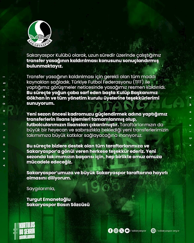 Sakaryaspor’un transfer yasağı resmen kalktı
