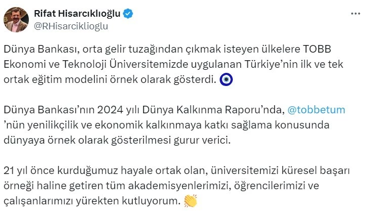 Dünya Bankası, orta gelir tuzağından çıkmak isteyen ülkelere TOBB Ekonomi ve Teknoloji Üniversitesi’nin eğitim modelini örnek olarak gösterdi
