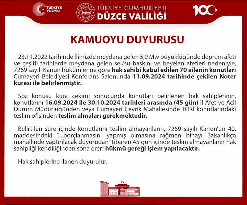 Düzce Valiliğinden 