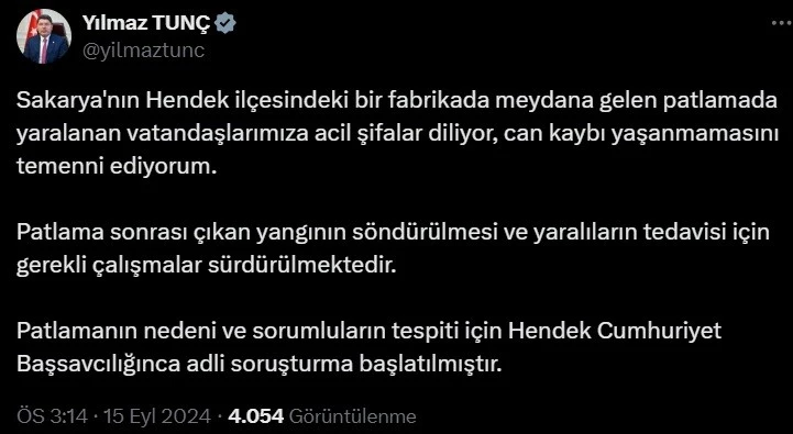 Adalet Bakanı Tunç: “Patlamanın sebebi ve sorumluların tespiti için adli soruşturma başlatılmıştır”
