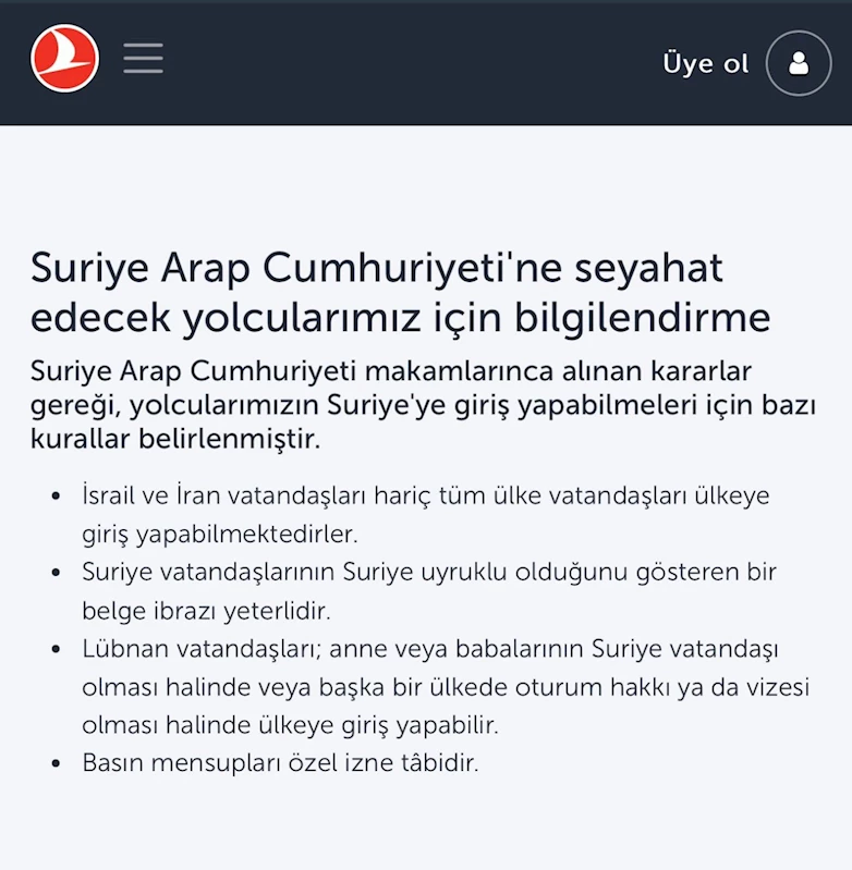 THY, Suriye’ye İran ve İsrail vatandaşlarını taşımayacak
