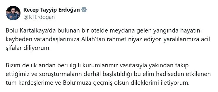 Cumhurbaşkanı Erdoğan’dan hayatını kaybedenler için taziye mesajı
