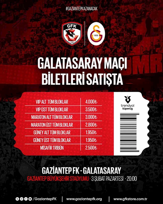 Gaziantep FK-Galatasaray maçı biletleri satışta
