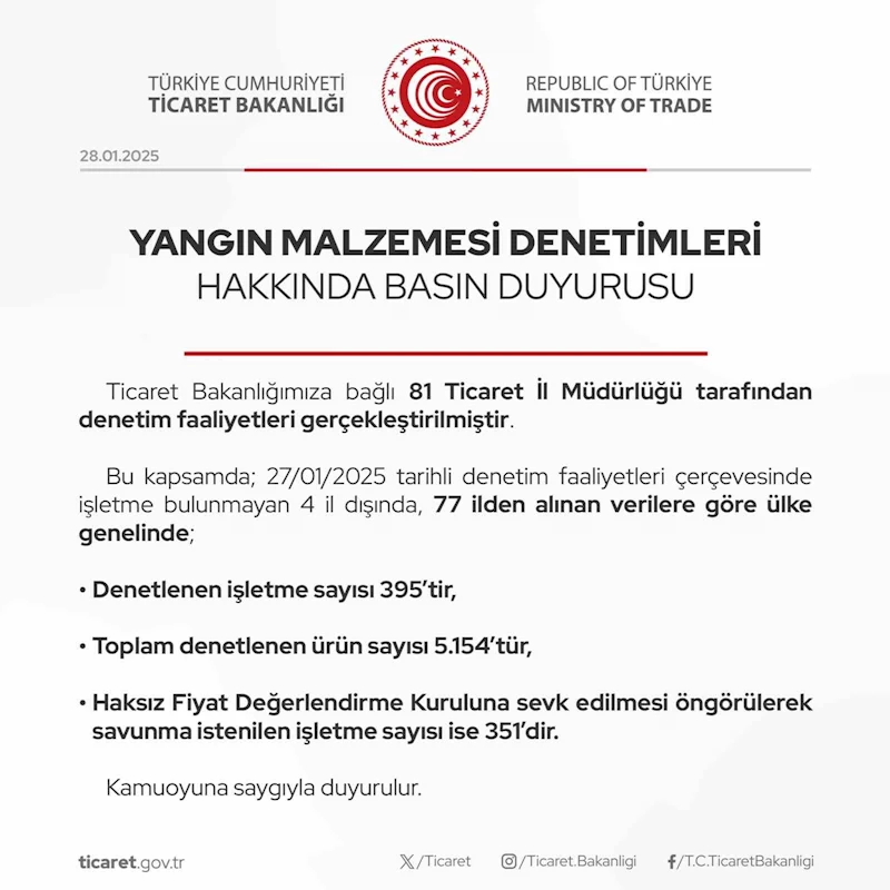 Ticaret Bakanlığından yangın malzemesi denetimi: 351 işletmeden savunma istendi
