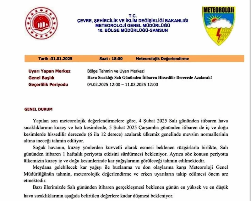 Samsun’da hava sıcaklığı 6-12 derece düşecek
