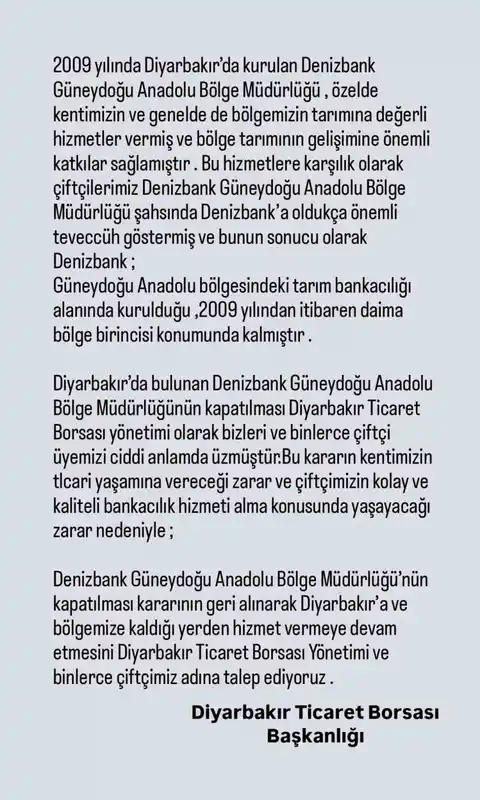 Ticaret Borsasından özel bankanın bölge müdürlüğünün kapatılması kararının geri alınması talebi
