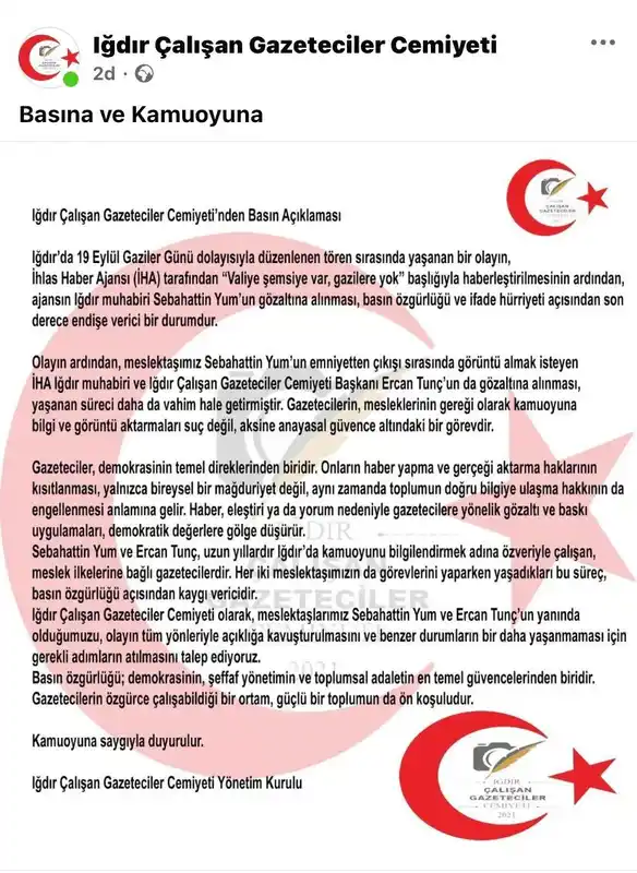 Iğdır Çalışan Gazeteciler Cemiyeti’nden iki gazetecinin gözaltına alınmasına tepki

