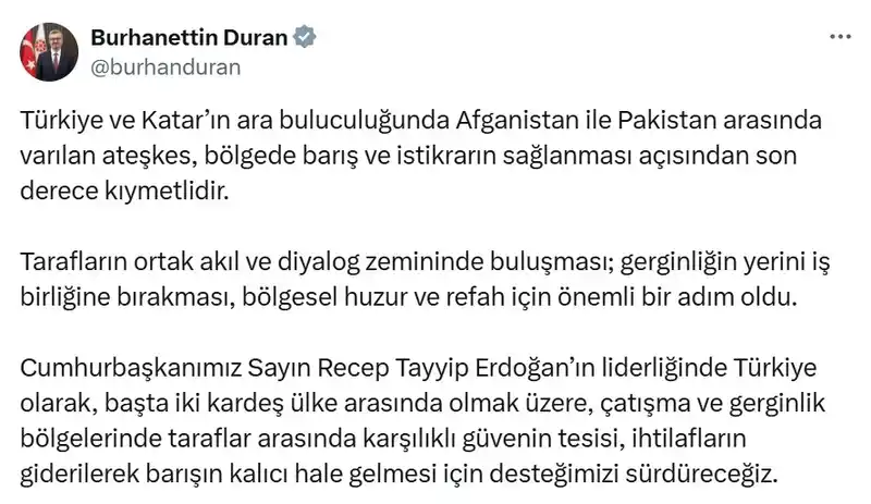 Burhanettin Duran’dan Afganistan-Pakistan ateşkesi açıklaması
