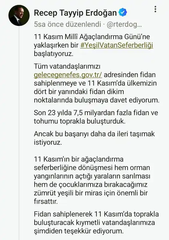 Cumhurbaşkanı Erdoğan’dan 11 Kasım Milli Ağaçlandırma Günü mesajı
