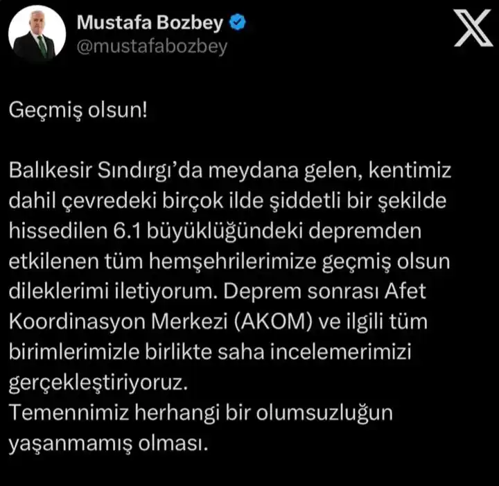 Başkan Bozbey’den deprem mesajı: 