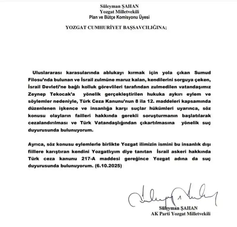 AK Partili Şahan, ’Yozgatlıyım’ diyen İsrail askeri hakkında suç duyurusunda bulundu

