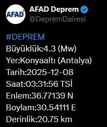 Antalya’da 4.3 büyüklüğünde deprem
