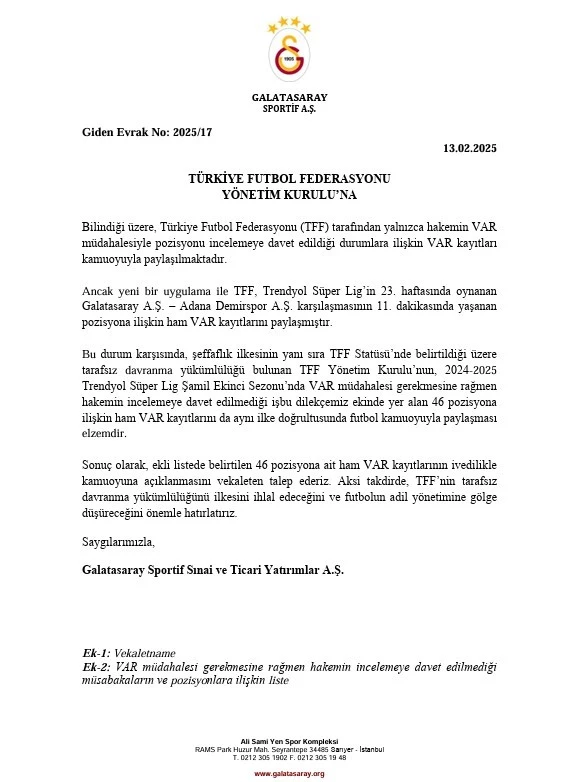 Galatasaray’dan, 46 pozisyonun VAR kayıtları için TFF’ye başvuru
