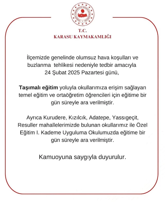 Sakarya’da bir ilçede taşımalı eğitime 1 gün ara verildi
