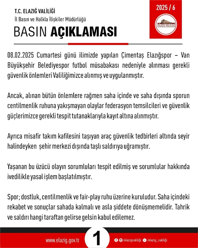 Elazığ Valiliği’nden maç sonrası açıklama
