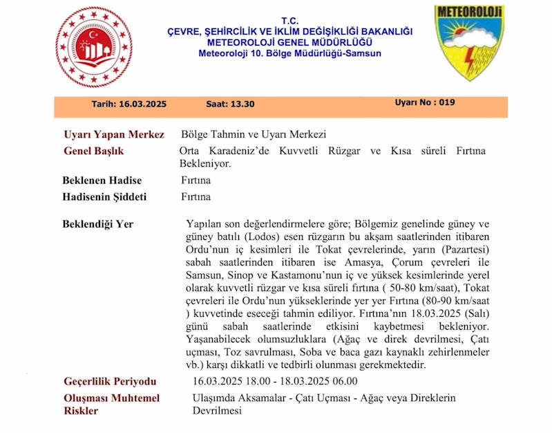 Samsun ve çevresine fırtına uyarısı
