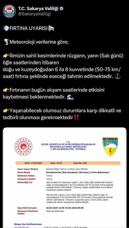 Valilik Sakarya’nın sahil kesimleri için uyardı
