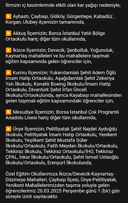 Ordu’nun 12 ilçesinde eğitime kar engeli
