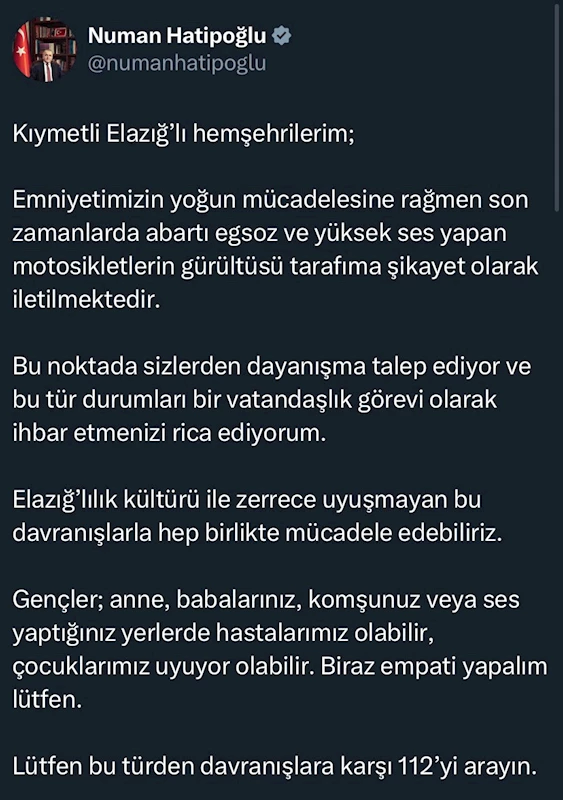 Elazığ Valisi Hatipoğlu’ndan vatandaşlara çağrı
