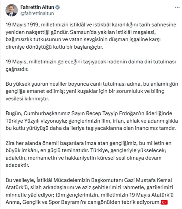 Fahrettin Altun’dan 19 Mayıs mesajı: 