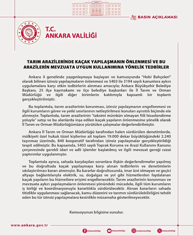 Ankara Valiliği’nden hobi bahçelerine ilişkin karar: Kaçak yapılara yasak
