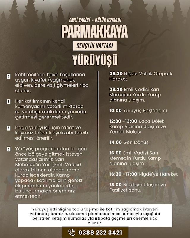 Niğde’de Parmakkaya Doğa Yürüyüşü ile Gençlik Haftası coşkusu başlıyor
