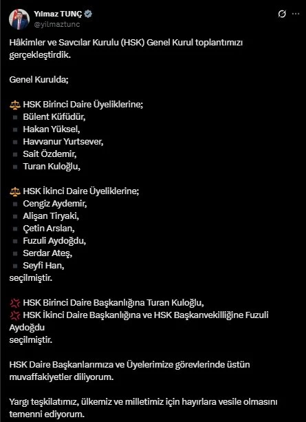 Bakan Tunç, HSK Birinci Daire Başkanlığına Turan Kuloğlu’nun seçildiğini duyurdu
