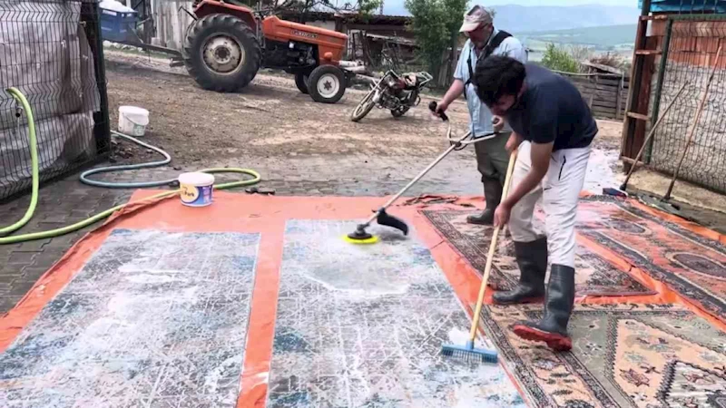 Amasyalı çiftçi halılarını tırpanla yıkadı: 