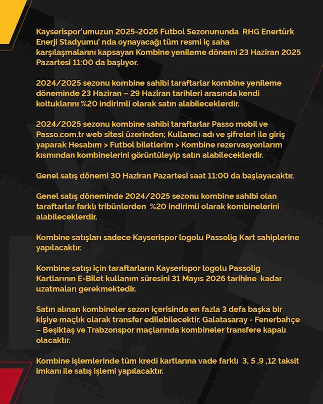 Kayserispor, kombine bilet fiyatlarını belirledi
