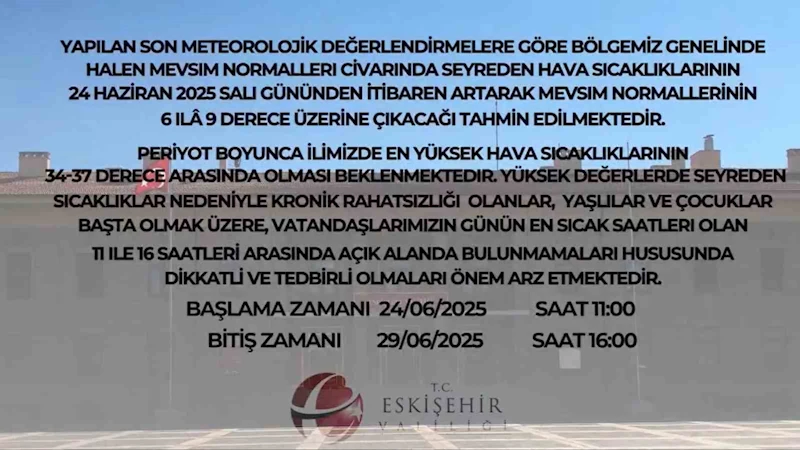 Eskişehir Valiliği’nden yüksek sıcaklık uyarısı
