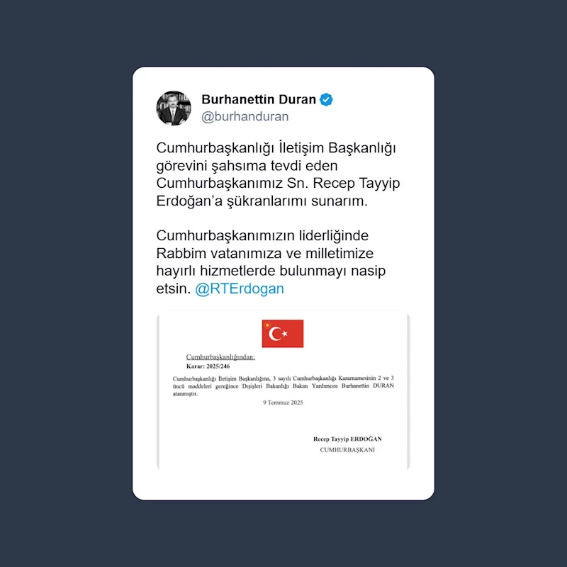 Burhanettin Duran, Cumhurbaşkanlığı İletişim Başkanlığına atandı
