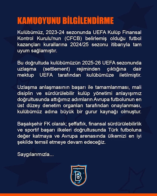 UEFA’dan Başakşehir’e ’Finansal Kontrol’ mektubu

