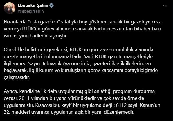 RTÜK Başkanı Şahin: 