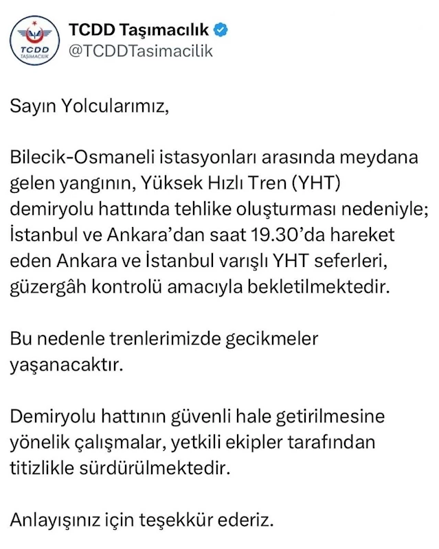 Bllecik’teki orman yangını hızlı tren seferlerini olumsuz etkiledi
