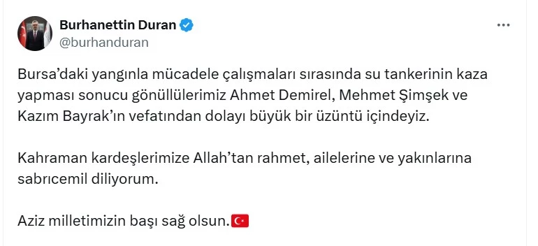 İletişim Başkanı Duran’dan orman gönüllüleri için başsağlığı mesajı
