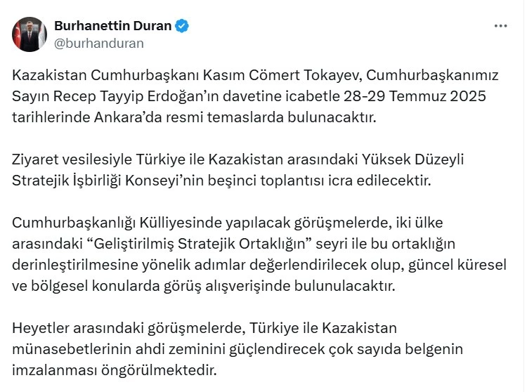 Kazakistan Cumhurbaşkanı Tokayev, Türkiye’ye geliyor
