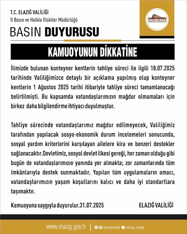 Elazığ’da konteyner kentler yarın tahliye ediliyor
