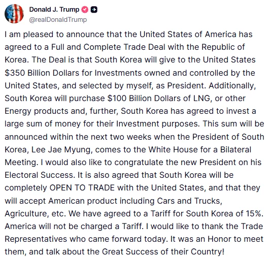 ABD Başkanı Donald Trump, Güney Kore ile ticaret anlaşmasına varıldığını duyurdu
