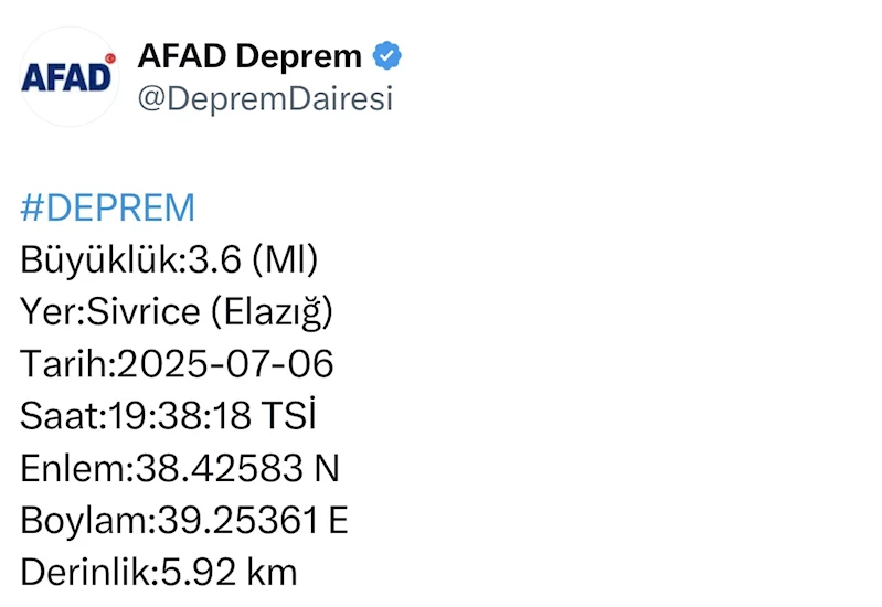 Elazığ’da 3.6 büyüklüğünde deprem
