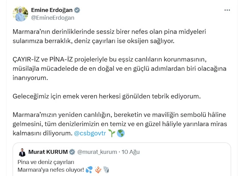 Emine Erdoğan’dan Marmara Denizi’nde başlatılan pina midyeleri ve deniz çayırları projesine ilişkin paylaşım:
