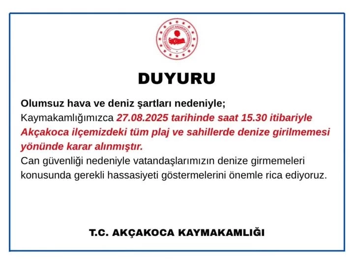 Akçakoca’da denize girmek yasaklandı
